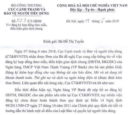 Văn bản trả lời bà Đỗ Thị Tuyến của Cục Cạnh tranh và Bảo vệ người tiêu dùng