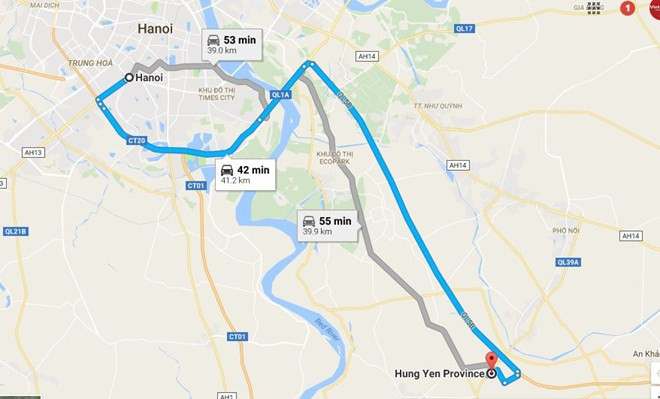Tuyến đường liên tỉnh Hà Nội-Hưng Yên chạy song song với Quốc lộ 5. (Ảnh: Google Map)