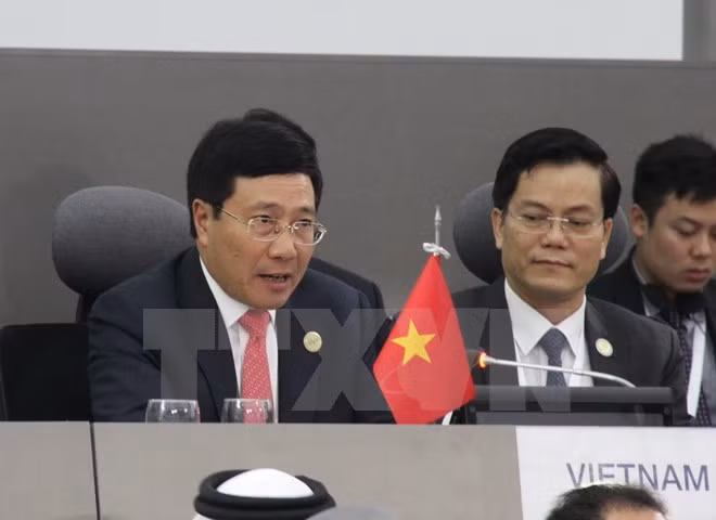 Phó Thủ tướng, Bộ trưởng Ngoại giao Phạm Bình Minh phát biểu trong phiên họp chiều 17/9 của Hội nghị cấp cao NAM. (Ảnh: Vũ Lê Hà/TTXVN)