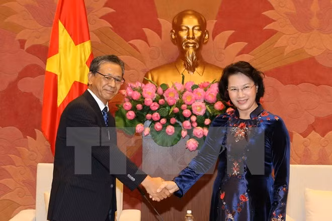 Chủ tịch Quốc hội Nguyễn Thị Kim Ngân tiếp Đại sứ đặc mệnh toàn quyền Nhật Bản tại Việt Nam Fukaka Hiroshi đến chào xã giao. (Ảnh: Trọng Đức/TTXVN)