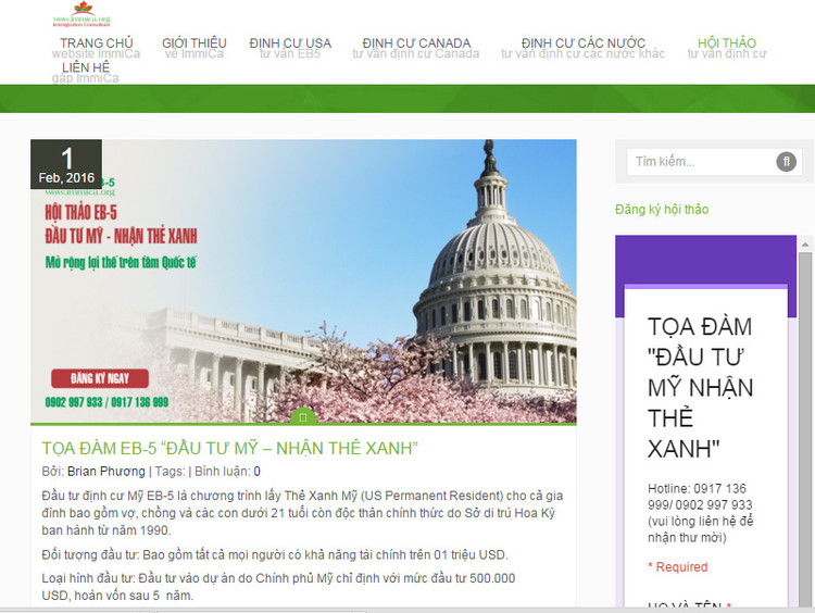 Một website quảng cáo đầu tư để nhận “thẻ xanh” định cư tại Mỹ.