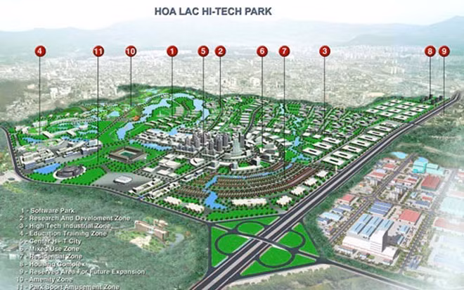 Khu công nghệ cao Hòa Lạc được xây dựng trên diện tích 1,586 ha, với 8 khu chức năng chính.