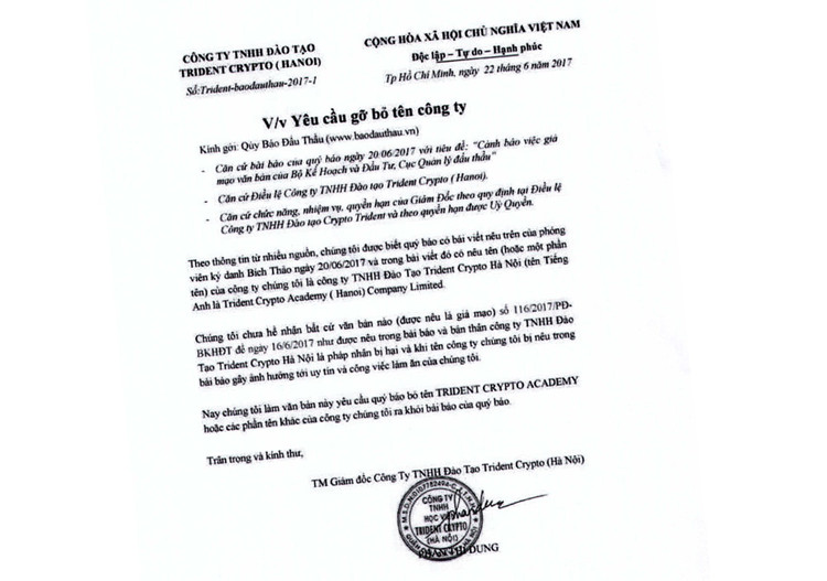Văn bản của Công ty TNHH Đào tạo Trident Crypto (Hà Nội) gửi tới Báo Đấu thầu.