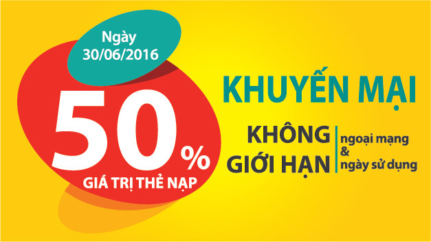 Ngày 30/6/2016, Viettel khuyến mại 50% giá trị thẻ nạp