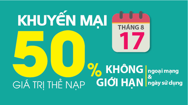 17/08/2016: Viettel khuyến mại 50% giá trị thẻ nạp một ngày duy nhất