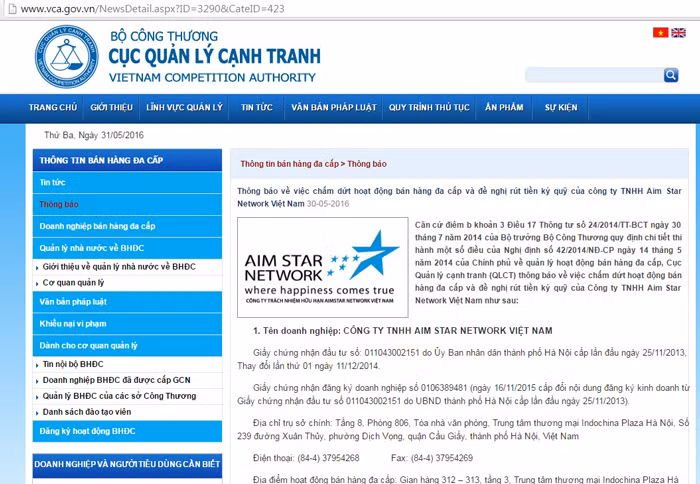 Công ty TNHH Aim Star Network Việt Nam đã chính thức dừng hoạt động bán hàng đa cấp từ đầu năm 2016.