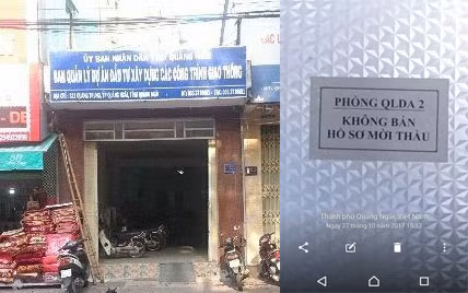 Hình ảnh nhà thầu chụp có ghi dòng chữ “Không bán hồ sơ mời thầu” bên trong trụ sở Ban Quản lý dự án đầu tư xây dựng các công trình giao thông tỉnh Quảng Ngãi (Ảnh do nhà thầu cung cấp)