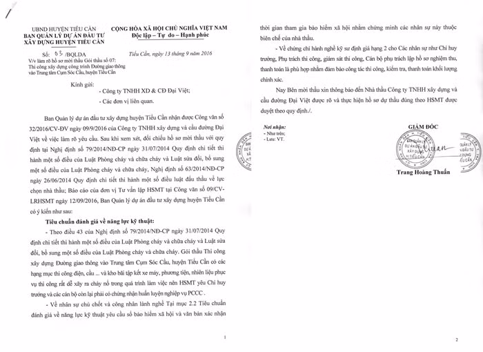 Nhà thầu Đại Việt không đồng tình về các lập luận do bên mời thầu đưa ra tại công văn trả lời