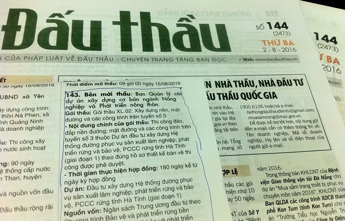 Thông báo mời thầu Gói thầu XL.02 được đăng tải trên Báo Đấu thầu số 144 phát hành ngày 2/8. Ảnh: Nhã Chi