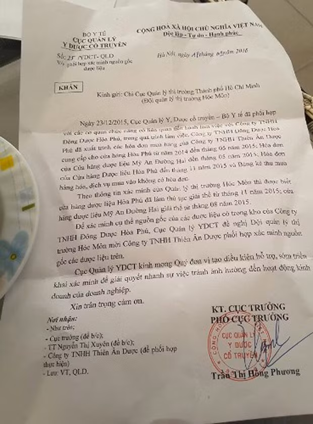 Văn bản trả lời của đại diện Bộ Y tế về vấn đề có liên quan đến Công ty Hòa Phú (ảnh: P.L)