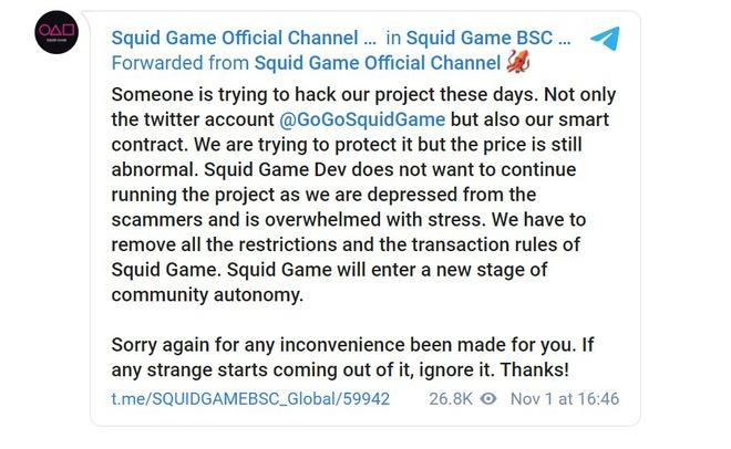 Đội ngũ phát triển dự án cho biết họ gặp vấn đề về tâm lý khi liên tục đối mặt các vụ hack. Ảnh: Squid Game Official Chanel.