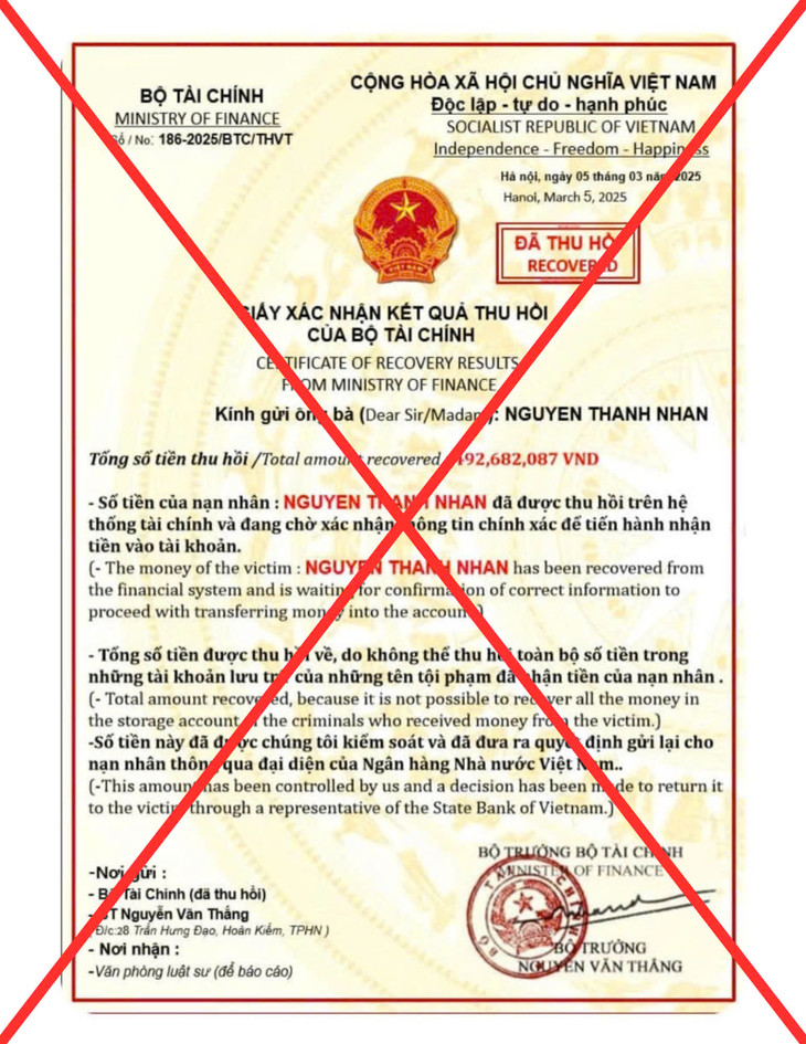 Một văn bản giả mạo con dấu, chữ ký của Bộ trưởng Bộ Tài chính