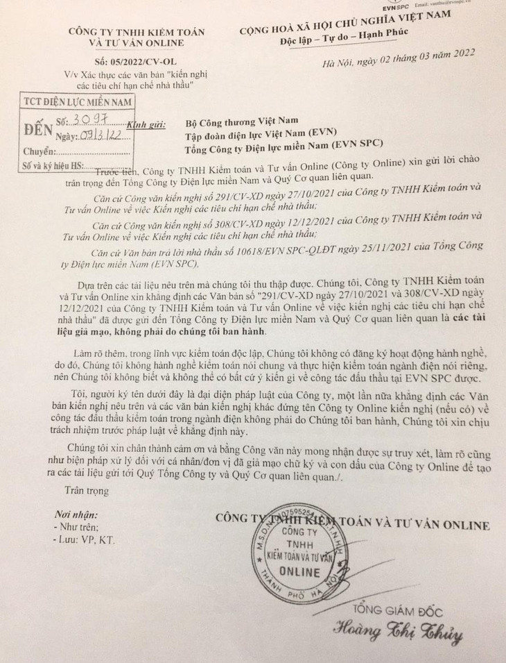 Công ty TNHH Kiểm toán và Tư vấn Online khẳng định, các văn bản kiến nghị gửi EVN SPC không do Công ty phát hành