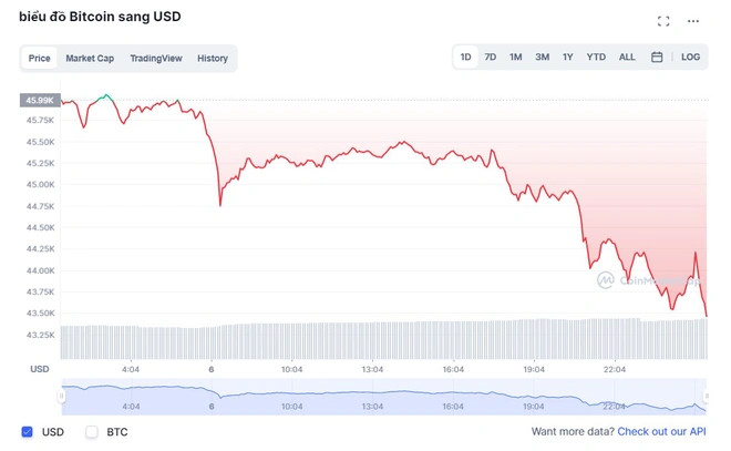 Bitcoin điều chỉnh mạnh rạng sáng nay. Ảnh: CoinMarketCap.