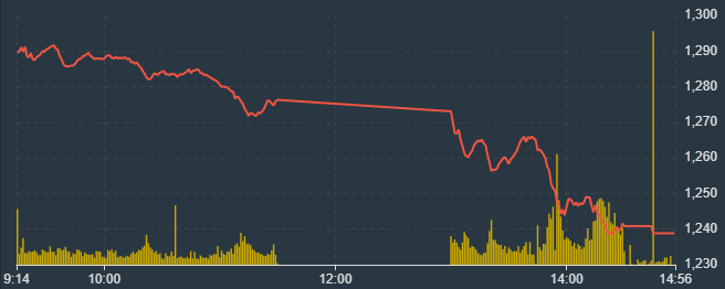 VN-Index thể hiện áp lực giảm càng về cuối phiên càng mạnh.