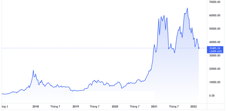 Diễn biến giá Bitcoin trong vòng 5 năm trở lại đây. Đơn vị: USD/Bitcoin - Nguồn: TradingView.