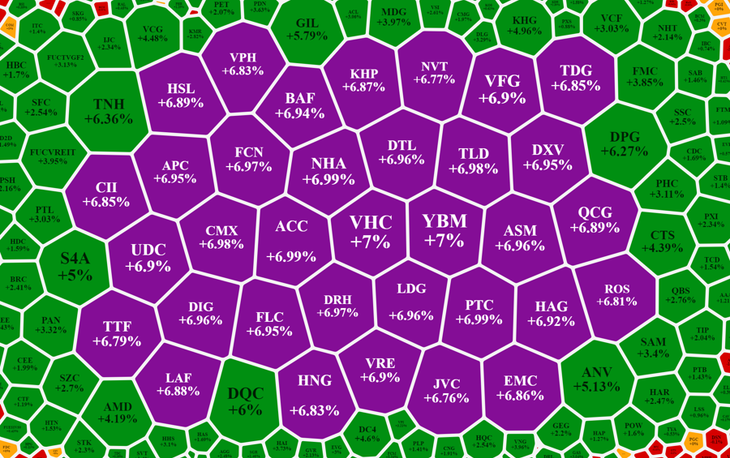 Cổ phiếu vừa và nhỏ lại trần hàng loạt, nhiều mã thanh khoản đột biến cao.