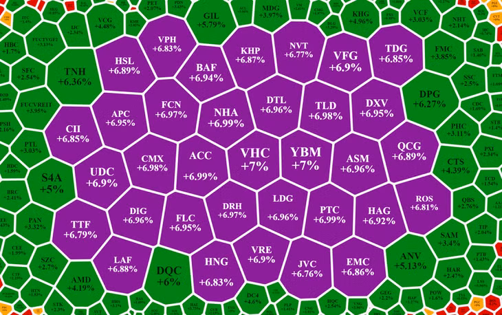 Cổ phiếu vừa và nhỏ lại trần hàng loạt, nhiều mã thanh khoản đột biến cao. Cổ phiếu vừa và nhỏ lại trần hàng loạt, nhiều mã thanh khoản đột biến cao.