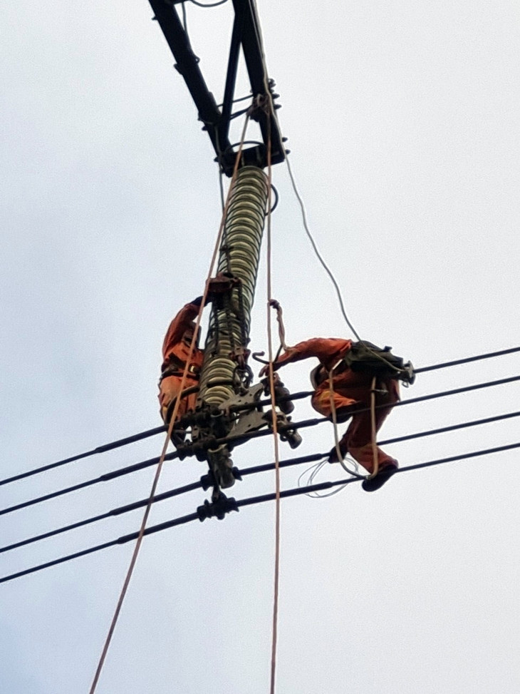 Nhân viên QLVH thực hiện vệ sinh sứ cách điện trên cao