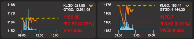 VN-Index và VN30-Index ở thời điểm tạm đóng cửa phiên sáng