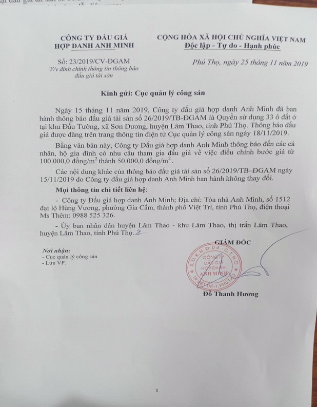 Ngày 8/12/2019, đấu giá quyền sử dụng đất tại huyện Lâm Thao, tỉnh Phú Thọ ảnh 1