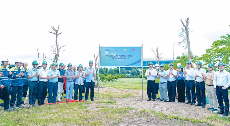 Các đại biểu thực hiện nghi thức gắn biển công trình Vườn cây Công đoàn Petrovietnam