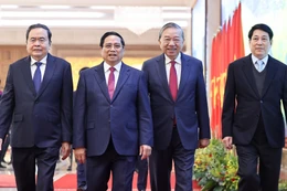 Tổng Bí thư Tô Lâm, Chủ tịch nước Lương Cường, Thủ tướng Chính phủ Phạm Minh Chính, Chủ tịch Quốc hội Trần Thanh Mẫn tới dự Hội nghị toàn quốc Chính phủ và chính quyền địa phương - Ảnh: VGP/Nhật Bắc