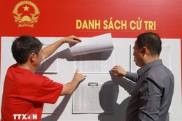 Cử tri phường Nam Nha Trang, tỉnh Khánh Hòa xem danh sách cử tri niêm yết tại khu vực bỏ phiếu bầu cử. (Ảnh: Xuân Triệu/TTXVN)