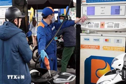 Khách hàng mua bán xăng, dầu tại một điểm kinh doanh xăng dầu của Petrolimex trên địa bàn Hà Nội. (Ảnh: Trần Việt/TTXVN)