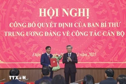 Phó Trưởng Ban Tổ chức Trung ương Nguyễn Quang Dương trao Quyết định và tặng hoa chúc mừng ông Lê Văn Lương. (Ảnh: Xuân Tư/TTXVN)