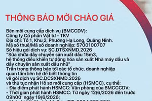 Công ty Cổ phần Vật tư - TKV thông báo mời chào giá gói dịch vụ SC.DTSXNMD.2026