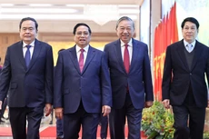 Tổng Bí thư Tô Lâm, Chủ tịch nước Lương Cường, Thủ tướng Chính phủ Phạm Minh Chính, Chủ tịch Quốc hội Trần Thanh Mẫn tới dự Hội nghị toàn quốc Chính phủ và chính quyền địa phương - Ảnh: VGP/Nhật Bắc