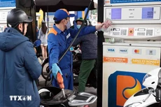 Khách hàng mua bán xăng, dầu tại một điểm kinh doanh xăng dầu của Petrolimex trên địa bàn Hà Nội. (Ảnh: Trần Việt/TTXVN)