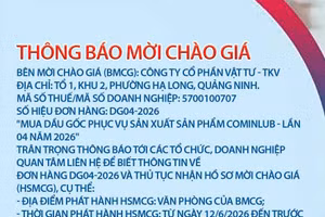 Công ty cổ phần Vật tư - TKV thông báo mời chào giá đơn hàng DG04-2026 