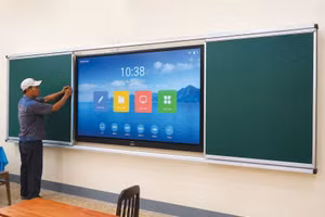 Nhà thầu trúng thầu đang thực hiện Gói thầu Mua sắm, lắp đặt thiết bị thuộc Dự án Trang bị màn hình tương tác, bảng trượt cho 8 phòng học nhà B5 của Học viện Báo chí và Tuyên truyền. Ảnh minh họa: Tiến Giang