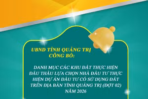 Danh mục các khu đất thực hiện đấu thầu lựa chọn nhà đầu tư thực hiện dự án đầu tư có sử dụng đất trên địa bàn tỉnh Quảng Trị (đợt 02) năm 2026 