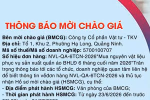 Công ty cổ phần Vật tư - TKV thông báo mời chào giá đơn hàng NVL-QA-6TCN-2026 