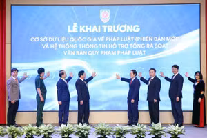 Phó Thủ tướng Lê Tiến Châu cùng các đại biểu bấm nút Khai trương Cơ sở dữ liệu quốc gia về pháp luật (phiên bản mới) - Ảnh: VGP