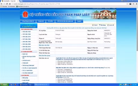 Thông tin về tình trạng hiệu lực của Thông tư số 01/2012/TT-BXD trên Cổng thông tin điện tử của Bộ Tư pháp - ảnh chụp màn hình máy tính lúc 8h30 ngày 23/10/2015