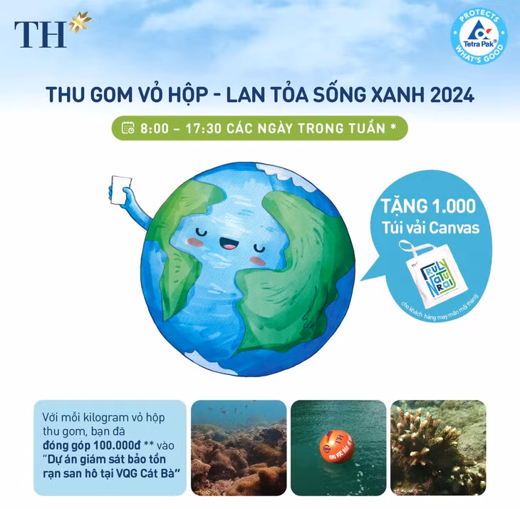 Với mỗi kilogram vỏ hộp được thu gom, Tập đoàn TH đóng góp 100.000 đồng vào Dự án bảo tồn rạn san hô tại vườn quốc gia Cát Bà