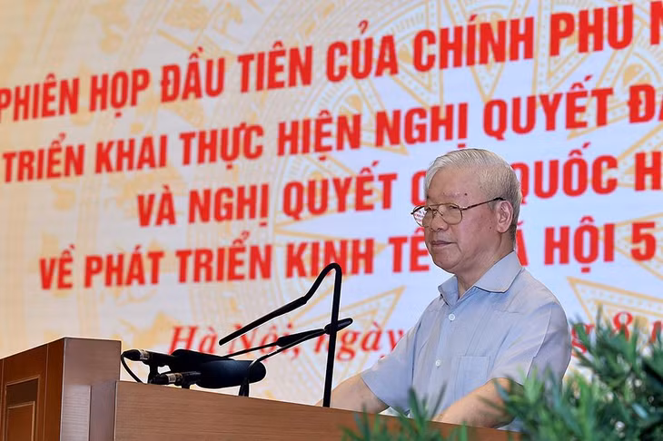 Tại phiên họp, Tổng Bí thư Nguyễn Phú Trọng dành một lượng lớn thời gian phát biểu để phân tích, làm rõ 4 vấn đề lớn về kinh tế, xã hội, quốc phòng, an ninh, xây dựng bộ máy. Ảnh: VGP