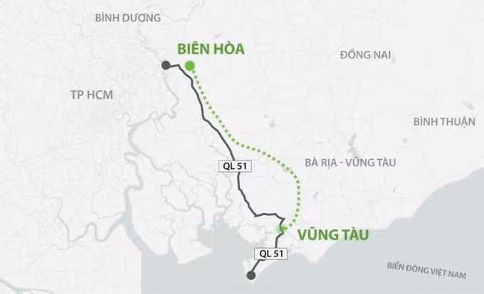 Hướng tuyến cao tốc Biên Hòa - Vũng Tàu.