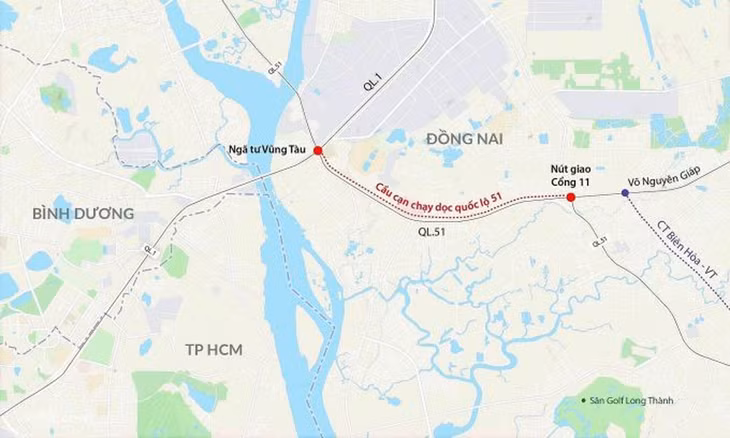 Hướng tuyến cầu cạn được đề xuất để giảm ùn tắc cho quốc lộ 51 khu vực TP. Biên Hòa