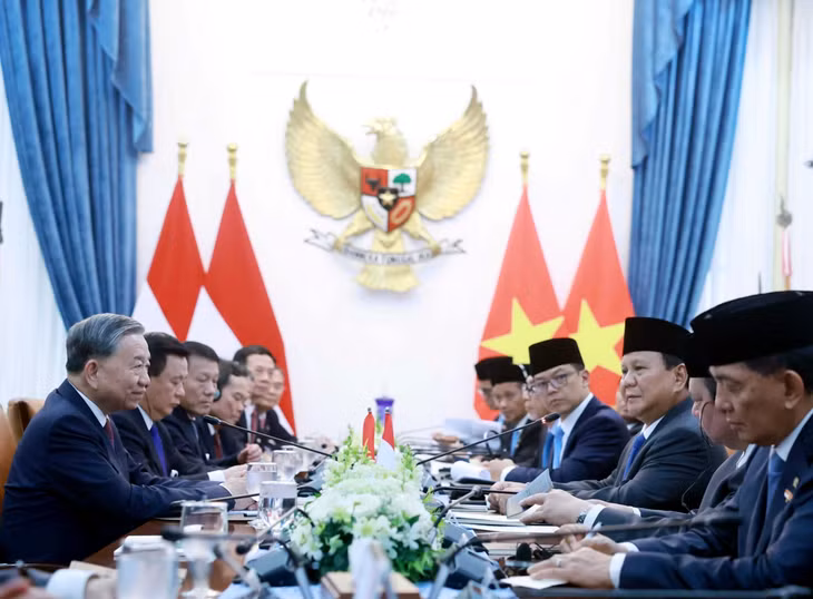 Tổng Bí thư Tô Lâm hội đàm với Tổng thống Indonesia Prabowo Subianto. Ảnh: TTXVN