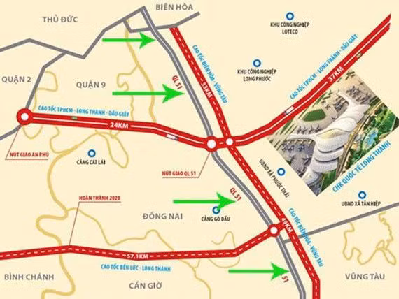 Đường cao tốc Biên Hòa - Vũng Tàu có hướng tuyến cắt ngang đường cao tốc TP.HCM - Long Thành - Dầu Giây và đường cao tốc Bến Lức - Long Thành - Đồ họa: TTO