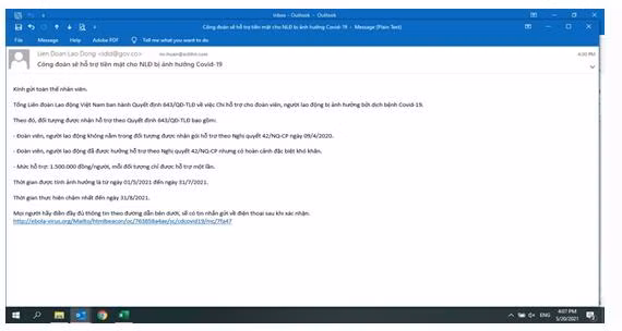 Email giả mạo gửi đến công đoàn cơ sở một doanh nghiệp.