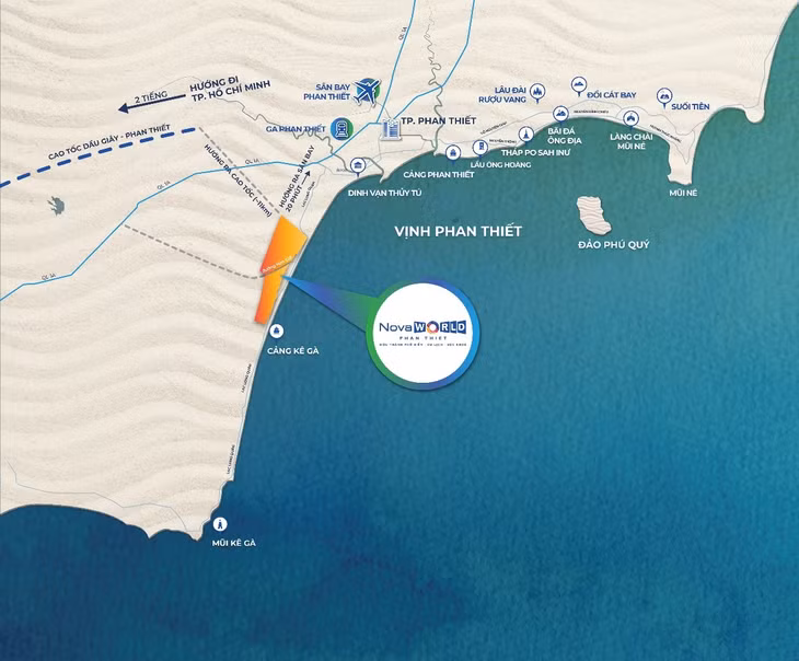 Nhóm sản phẩm second home với gói đầu tư “siêu an toàn” nằm ở vị trí mặt tiền của NovaWorld Phan Thiet và có kết nối trực tiếp với cao tốc Dầu Giây – Phan Thiết (Ảnh: Bản đồ kết nối sân bay &amp; cao tốc tới NovaWorld Phan Thiet)