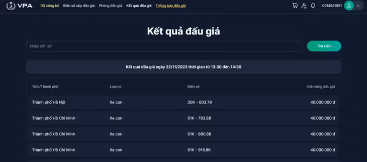 Kết quả đấu giá ngày 22/11/2023 thời gian từ 13:30 đến 14:30