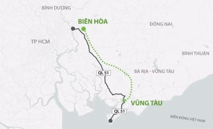 Hướng tuyến cao tốc Biên Hòa - Vũng Tàu.