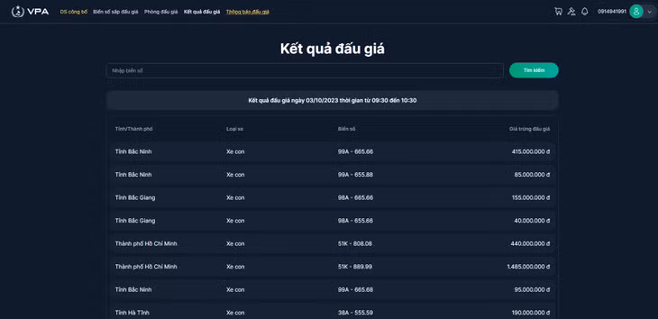 Kết quả đấu giá ngày 3/10/2023 thời gian từ 9:30 đến 10:30